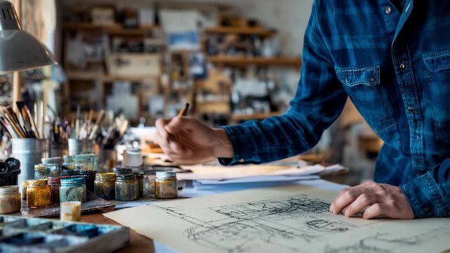 Medium shot of a student sketching a design blueprint on paper surrounded by outoffocus shelves filled with craft supplies and tools.