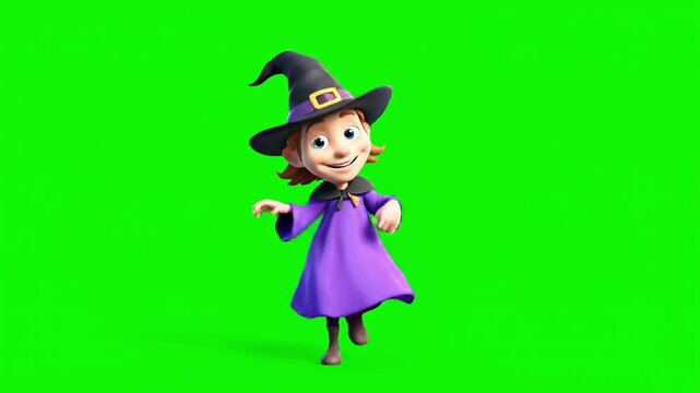 Cheerful cartoon witch dancing and smiling on green screen