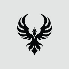 Stylized black phoenix emblem silhouette isolated on white background.