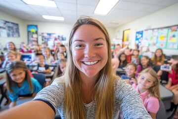 A cheerful female educator smiles brightly capturing a self portrait alongside many happy diverse young students in a vibrant school classroom.
