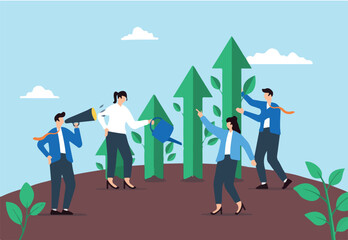 Cultivating market growth, nurturing business strategies, data-driven success, collaboration planning concept vector illustration. Team of analysts planting and watering garden of upward bar graphs 