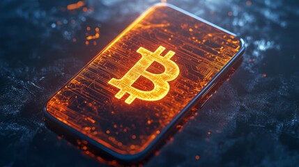 Modern smartphone with glowing orange bitcoin logo on screen placed on dark futuristic surface, symbolizing digital currency, blockchain finance, innovation, and the mobile evolution of cryptocurrency