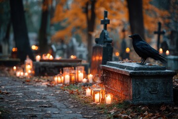 A spooky scene of a black bird perched on a grave surrounded by candles in a dark cemetery with old tombstones.