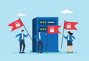 Flat illustration of people raising red security flags around server to mark protected cyber zone against digital threats