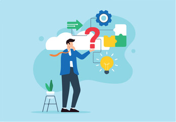 Flat illustration of businessman evaluating question mark symbol for potential solutions