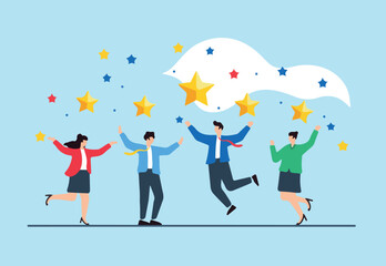 Flat illustration of professionals catching falling stars, symbolizing capturing business opportunities