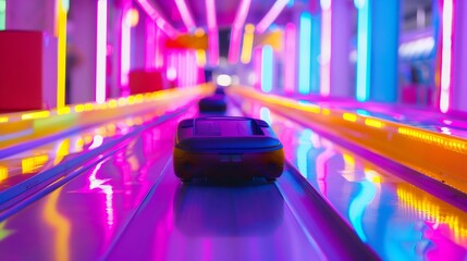 Sleek fast moving robot sorting parcels conveyor belt colorful packaging