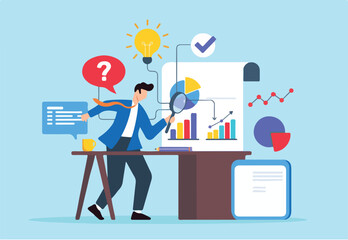 Fototapeta premium Flat illustration of businessman using magnifying glass to scrutinize business reports on desk