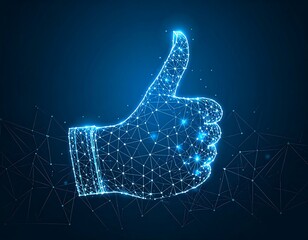 Digital Thumbs Up Symbol Glowing Blue Technology Network.