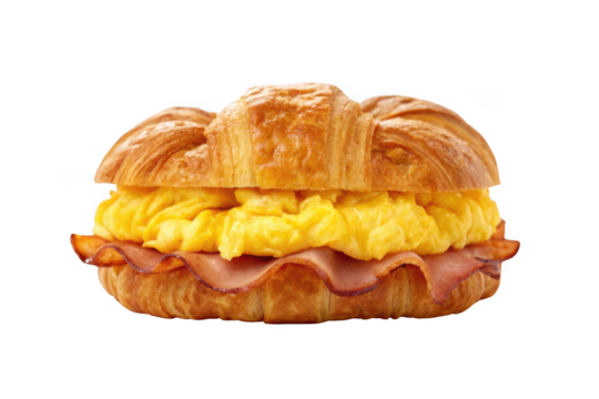 Savory croissant breakfast sandwich with scrambled eggs and bacon isolated on transparent background