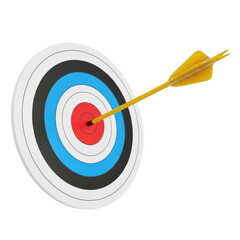 Archery target bullseye hit by yellow arrow isolated on transparent background