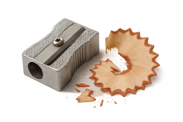 Metallic pencil sharpener creating spiral wood shavings on transparent background