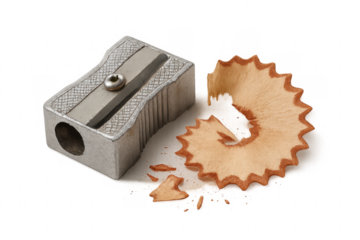 Metallic pencil sharpener creating spiral wood shavings on transparent background