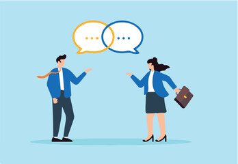 Flat illustration of businessman and businesswoman having conversation with linked speech bubbles effective communication and mutual understanding in business 