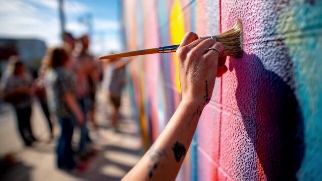 Artist painting a vibrant mural on a city wall with a brush, infusing the urban environment with color and creativity, while onlookers admire the artistic expression in the background