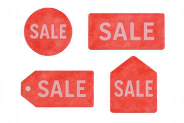 Vibrant red watercolor sale tags featuring pink lettering, floating against transparent background for marketing promotions
