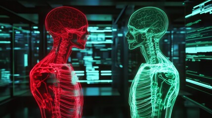 This concept envisions a futuristic science scenario showcasing male female holographic skeletons against a captivating cyberspace environment, highlighting the intersection of technology and biology