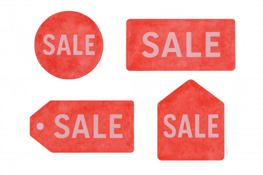 Vibrant red watercolor sale tags featuring pink lettering, floating against transparent background for marketing promotions