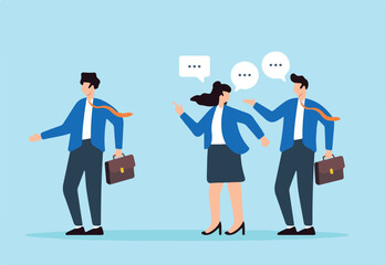 Flat illustration of business people gossip behind colleagues in office spreading rumors and incorrect information