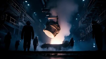 Early dawn medium shot capturing a focused smelter pouring molten copper as the team works behind in soft blur highlighting intense heat and industrial teamwork in openhearth - Powered by Adobe