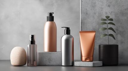 Cosmetic bottles gray concrete minimal background beauty photography concept