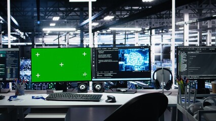 Fototapeta premium Data center green screen computers showing neural network visualization and code debugging software running. Chroma key PCs in server room powering machine learning and automated research tasks