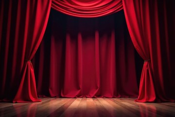 Fototapeta premium Deep red curtain, theatrical lighting, stage divide, heavy, dark, design
