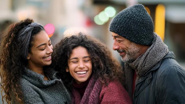 Medium shot of an immigrant family in casual clothes embracing on a city street main subjects sharply focused with blurred urban elements conveying connection and hope.