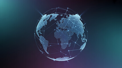 A digital representation of the Earth with a glowing network grid overlaying a map, illustrating global connectivity and technology on a dark gradient background.