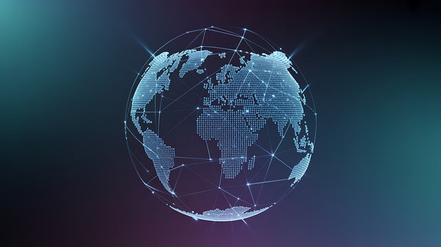 A digital representation of the Earth with a glowing network grid overlaying a map, illustrating global connectivity and technology on a dark gradient background.