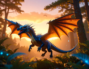 Mythical dragon soaring through forest in fantasy illustration style