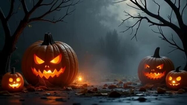 Spooky Halloween night with glowing carved pumpkins in a misty forest jack o lantern
