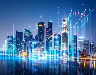 Night city skyline with financial data overlay