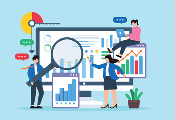 Business people analyzing data charts and graphs on computer screen vector illustration