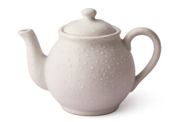 White ceramic teapot covered with condensation water droplets on transparent background, ideal for beverage and tea time themes