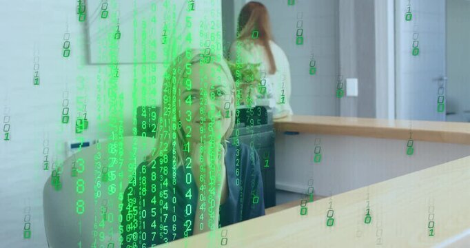 Receptionist responding on smartphone tap as green code cascading illustrating reception desk tech