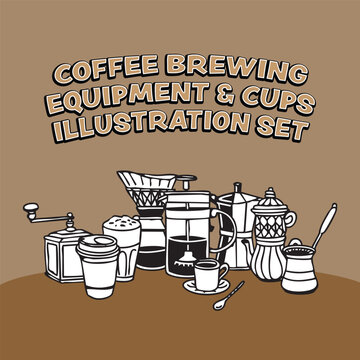 Coffee Brewing Equipment and Cups Illustration Set &ndash; Black and White Doodle Style
