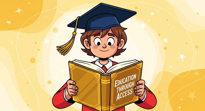 Cartoon student with graduation cap reading a book, message “Education Through Access”. - Powered by Adobe
