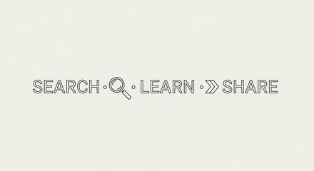 Obraz premium Minimalist clean typography with magnifying glass icon, “Search • Learn • Share”.