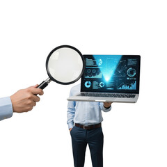 Business analyst examining digital data on a laptop screen isolated on transparent background