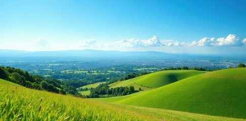 Obraz premium Rolling hills and distant city, clear blue sky, distant, elevation