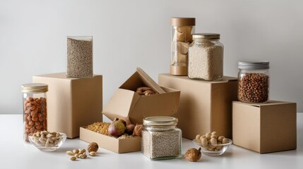 Cardboard boxes with glass jars filled with grains storage food photography concept lifestyle