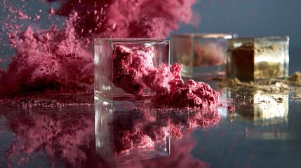 Pink powder explosion with glass on reflective surface photography concept abstract lifestyle