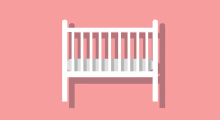A flat design vector illustration of a white baby crib with a striped mattress, perfect for nursery and childcare concepts on a pink background