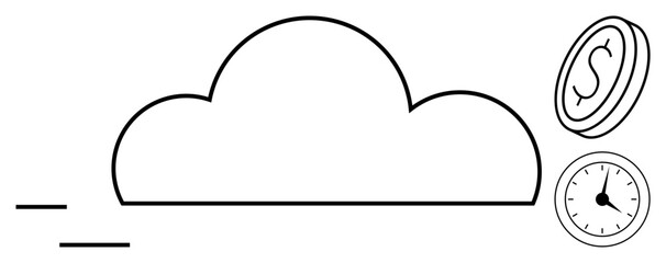 Minimalist cloud, flying motion lines, dollar coin, and clock. Ideal for technology, cloud storage, cost-efficiency, time management, data transfer innovation simple flat metaphor