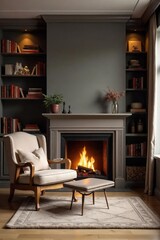 Fototapeta premium Cozy interior scene featuring a fireplace, comfortable armchair, bookshelves, and soft lighting Perfect for home decor, interior design, and relaxation themes , space, shelf