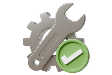3d wrench and gear icon. quality check and settings concept. Minimal cartoon metallic tool with cogwheel and green check mark isolated on white background. 3d render.