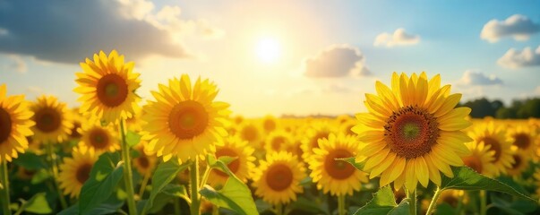 Obraz premium A vibrant sunbeam illuminates a field of bright yellow sunflowers, creating a cheerful and optimistic scene Perfect for themes of happiness, summer, and nature's beauty , rural, yellow