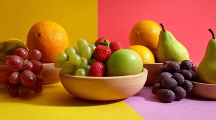 Bowl with assorted fresh fruits grapes apple orange colorful background lifestyle composition