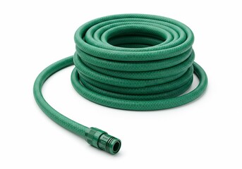 Coiled Green Garden Hose with Connector on White Background
